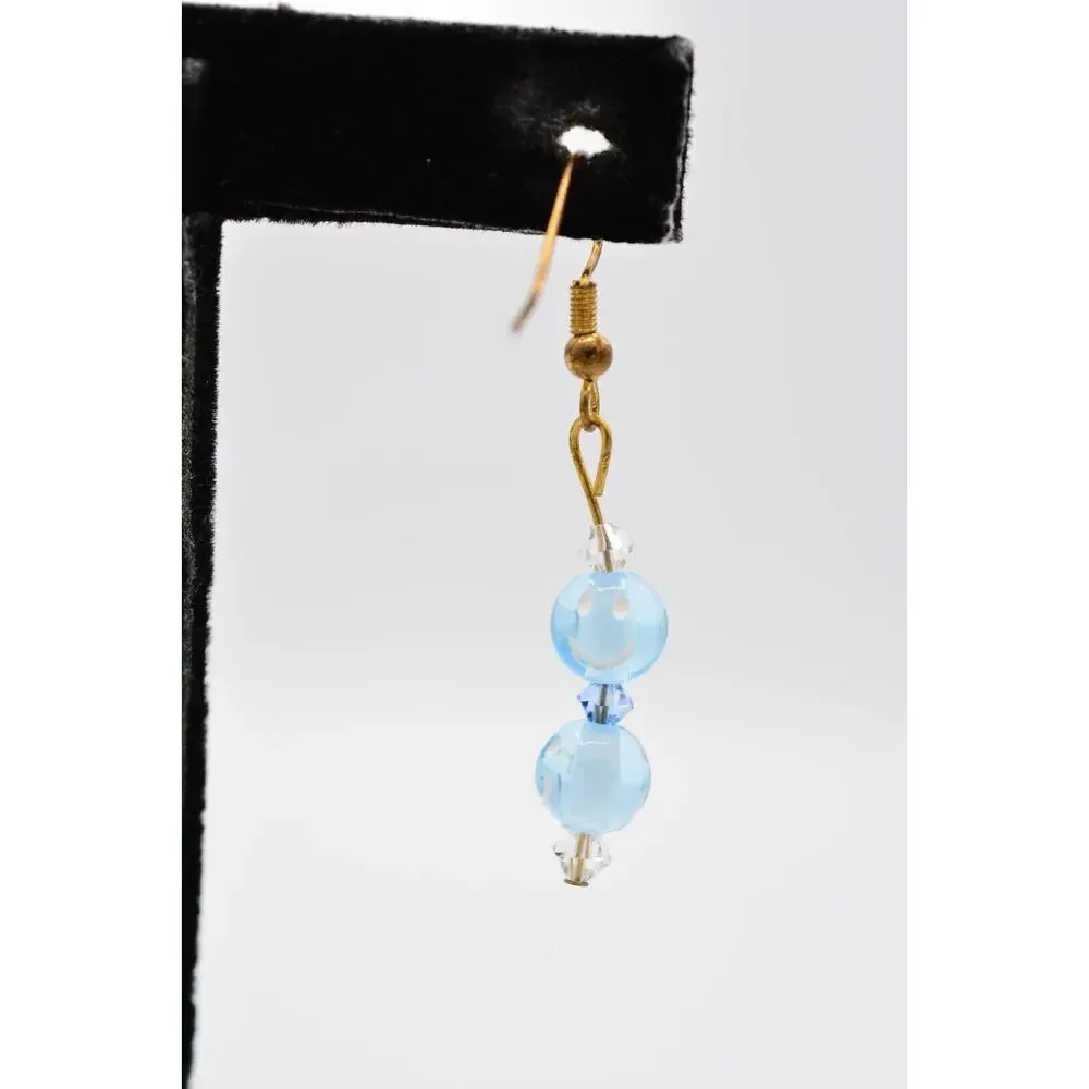 Dangle Beaded Earrings Sky Blue Happy Face Crystal Drop Round 1990s BinAA